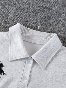 2pcs/Set Girls' Casual Chic Polo Collar Cropped Top And Wide Leg Embroidered Knit Pants, Summer Outfit - Grey - View 3