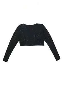 Deep V-Neck Sparkly Short Dance Top, Black, Long Sleeve, Sexy Streetwear - Black - View 3