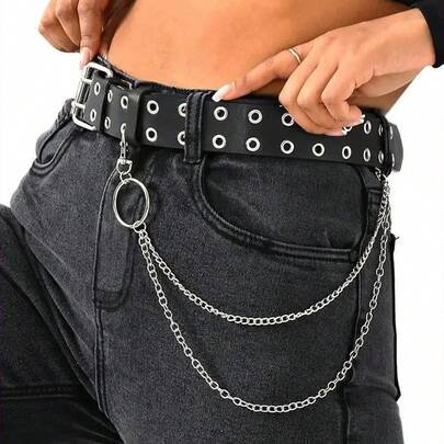 Unisex Punk Style Small Chain Denim Belt, Unique Design Multi-Purpose, Decorated With Metal Eyelets