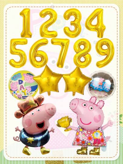  Peppa Pig Cartoon Theme Number Balloon Decoration Set. Champion Pig Balloon Suitable For Party Hosting. Cartoon-Shaped Gold Number 1-9 Balloons For Creating Party Atmosphere, Suitable As Party Decorations.