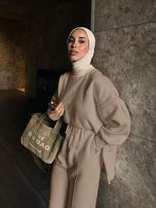 2pcs Women Solid Color Loose Top + Straight Leg Pants Set, Middle Eastern Casual Style Outfit, Suitable For Urban Outdoor Leisure Occasions, Autumn/Winter Spring - Khaki - View 4