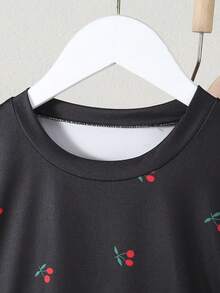1pc Girls' Loose Casual Outdoor T-Shirt, Korean Style Sweet & Spicy, Cherry Decor, Ruched Waist, Round Neck, Summer - Black - View 4