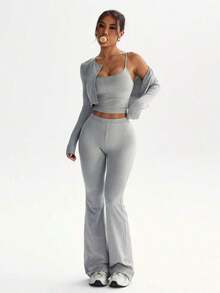 3pcs Minimalist Solid Color Fitted Cropped Cardigan, Camisole, And Flare Pants Set - Màu Xám nhạt - Xem 6