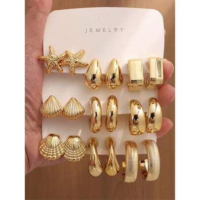 6/18pcs Fashionable Starfish & Shell Metallic Gold Tone Earring Set, Women Elegant Earring Jewelry Set, Suitable For Daily Wear