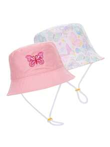 1顶儿童爱心蝴蝶印花双面渔夫帽，男女通用日常防晒帽 - 粉色 - 查看 10