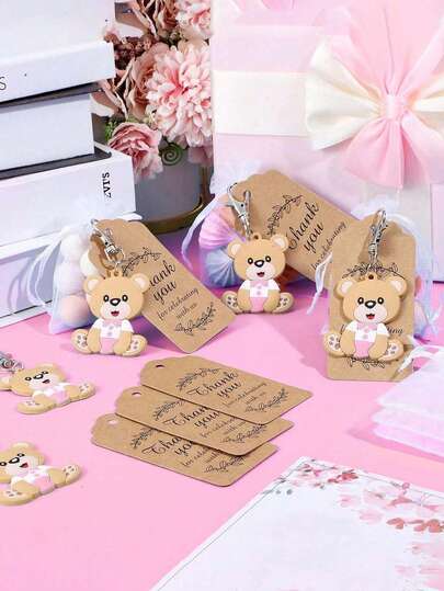 12/24个可爱小熊钥匙扣，配欧根纱袋和感谢卡，适合作为生日派对礼物、婚礼礼物、新娘礼物、纪念品、装饰品、婚礼宾客礼物、情人节礼物、婚礼回礼（蓝色、粉色）