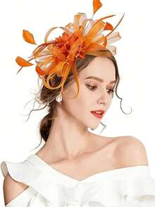 1pc Women's Tea Party Headpiece, Kentucky Derby Wedding Floral Mesh Hair Clip - Orange - View 1