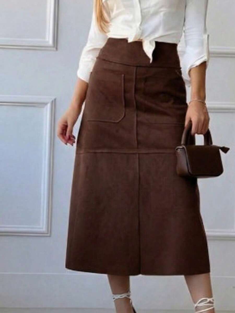 Women's Suede Skirt With Zipper And Pocket. Stylish And Elegant, Perfect For Evangelical Fashion, Evening Wear, Parties, Church Services. New Arrival. - 深棕色 - 查看 1