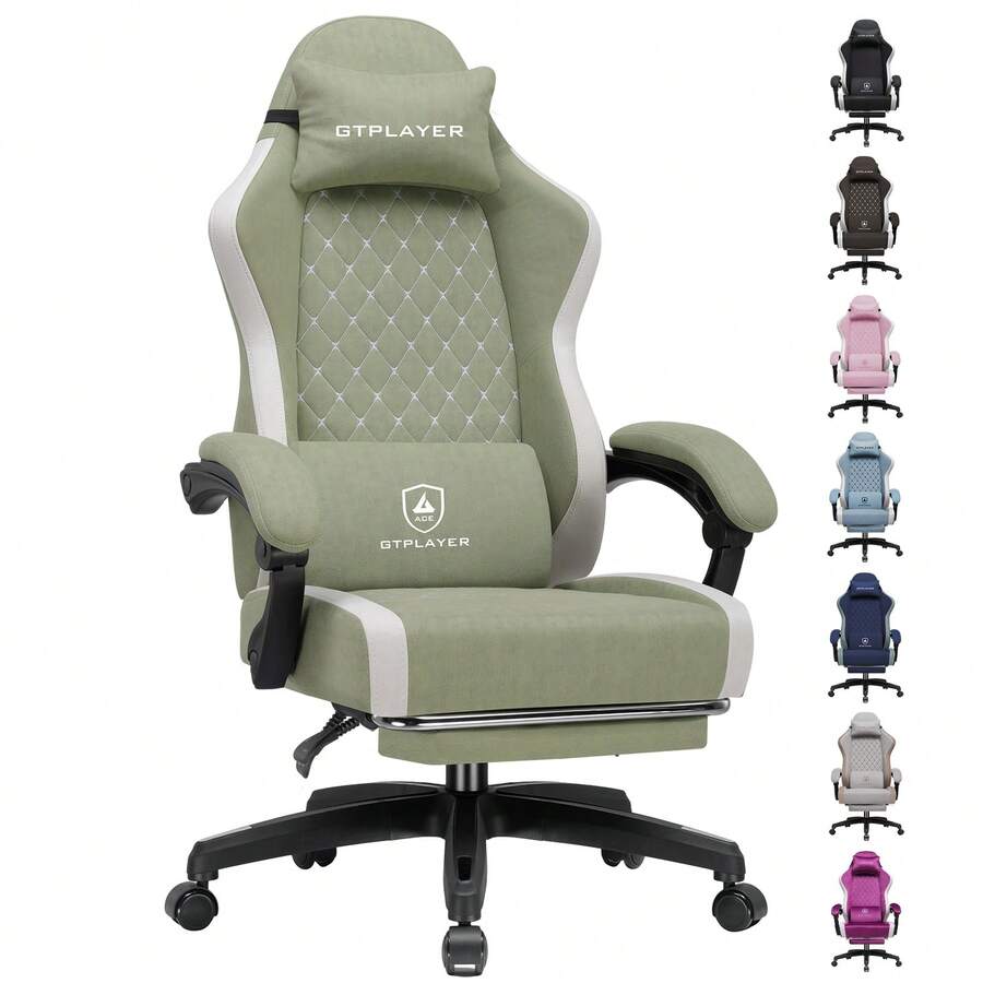 Fabric Gaming Chair With Footrest, Ergonomic Computer Desk Chair With Pocket Spring Cushion Home Office High Back Support Lumbar Support Heavy Duty Wide - Green - View 1