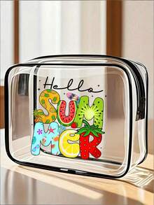 贝壳沙滩夏季字母图案多功能透明防水PVC包，旅行化妆包，旅行洗漱包，旅行洗漱包，主题沙滩包，男女通用，迎接夏天，商务旅行，浴室用品，旅行必备，邮轮必备，女士派对装扮（拉链款式随机） - 黑與白 - 查看 13