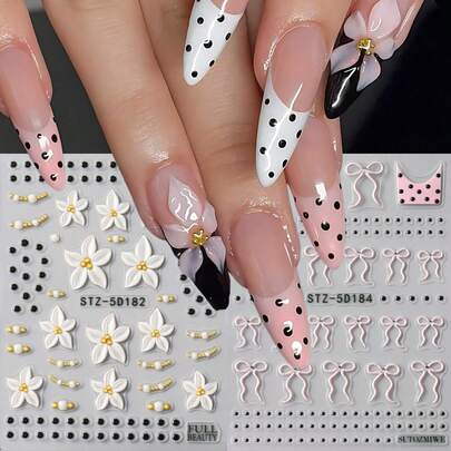 2片可爱粉色蝴蝶结花瓣美甲贴纸，5D立体白色花朵黑色波点金色珠子珍珠链条春夏美甲贴花，日式婚礼美甲用品，DIY节日美甲饰品装饰