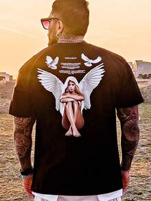 FRACTYR Men's Summer Casual Street Fashion Sacred Angel Goddess Double-Sided Print Loose Fit Round Neck Short Sleeve T-Shirt - Black - View 3