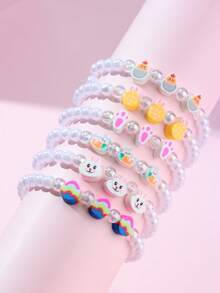 6 piezas Lindo conejo de perlas, huevo, pulsera de cuentas de perlas de arcilla polimérica de pollito, adecuado para que las niñas lo usen en Pascua, cumpleaños, fiesta - Multicolor - Ver 4