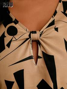Plus Size Women Geometric Pattern Front Tie Blouse, Suitable For Daily Wear, Evening Date, Holiday, Wedding, School, Vacation, Work, Home, Birthday Party, Dates - Camel - View 9