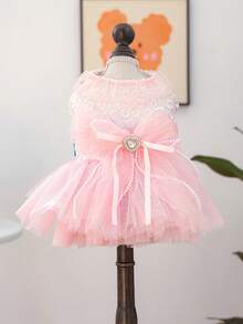 1 bộ quần áo cho thú cưng, trang phục cho chó mèo, váy cưới lãng mạn dễ thương với chân váy voan cho chó nhỏ và chó con, váy cưới màu hồng đào bồng bềnh. - Hồng - Xem 4