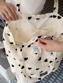 1pc Heart Printed Women's Tote Large Capacity Shoulder Bag For Female Soft Canvas Handbag - Multicolor - View 3