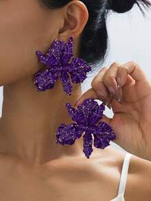 Exaggerated Purple Iris Flower Earrings For Women - Gold Polka Dot Large Floral Drop Earrings, Party Jewelry - Charming Gold Foil Purple Flower Earrings - View 5