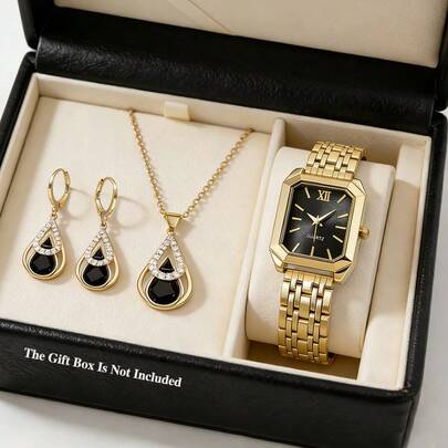 Reloj de cuarzo compacto de acero de lujo y conjunto de joyas con collar y aretes con incrustaciones de gota de agua hueca, conjunto de reloj de pulsera analógico con correa de acero tono dorado para adolescentes, diseño con incrustaciones adecuado para uso diario, fiesta, banquete, elegante, temporada de vuelta al colegio, productos seleccionados para festivales de música, regalo de cumpleaños sin caja incluida