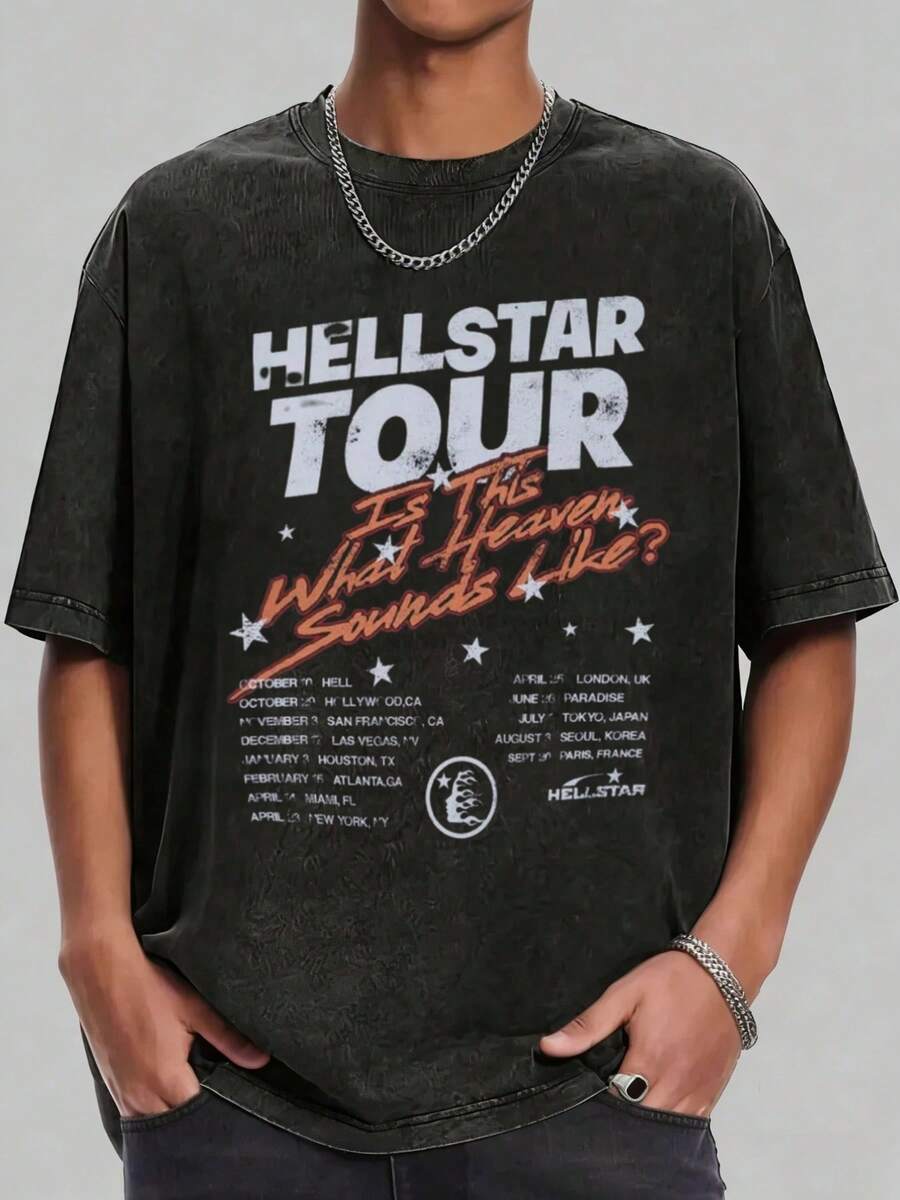 Hellstars Tour Is This What Heaven Sounds Like Vintage Washed Print Round Neck Short Sleeve T-Shirt, 230g 100% Cotton T-Shirt, Summer Clothes, Men's Tops, Casual And Comfortable, Fashionable Graphic Tee, Unisex Style - 黑色 - 查看 1