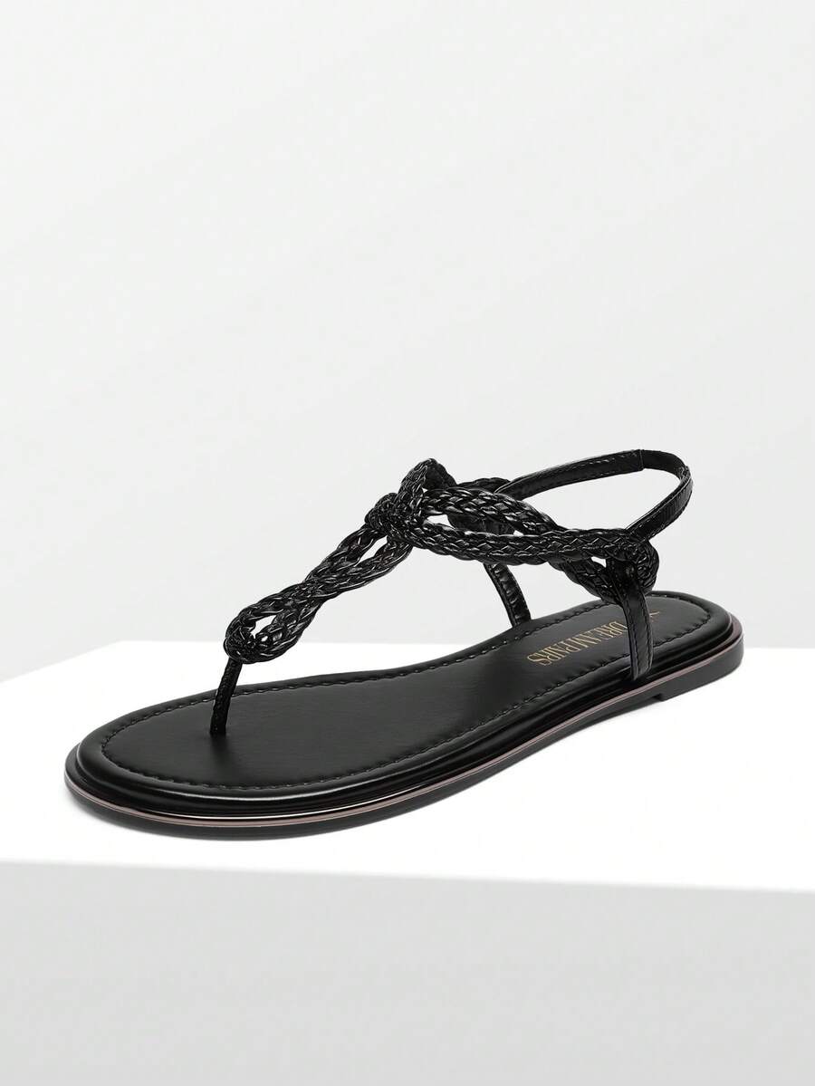 Teenagers Women's Flat Sandals Dressy Summer Stappy Comfortable Ankle Elastic T-Strap Beach Thong Sandals - 黑色 - 查看 1