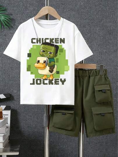 男童字母卡通图案印花短袖T恤和工装短裤休闲套装