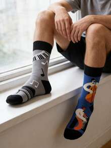 1 双男士双面灰色和蓝色爵士乐器图案中筒袜，四季皆宜。 - 彩色 - 查看 5