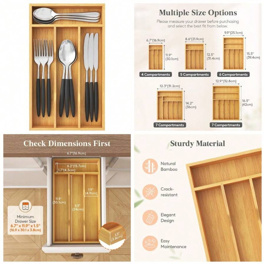 Silverware Drawer Organizer, Utensil Tray For Kitchen, Flatware And Cutlery Holder, Storage For Spoons Forks Knives, 6.7 X 12", Natural - 1 - View 1