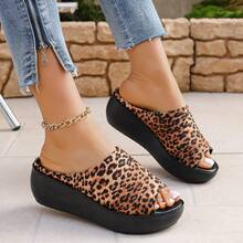 Leopard Print Thick-Sole Slide Sandals, Thick Wedge Heel For Stable & Comfortable Walking, Open Toe Design For Breathability, Suitable For Casual Daily Wear In Various Occasions - Brown - View 2