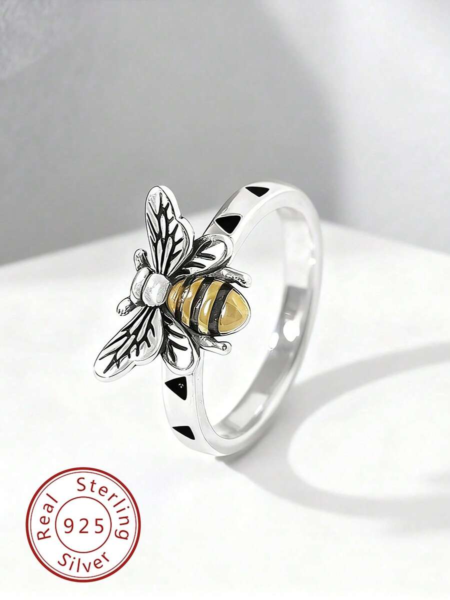 1pc Minimalist Unique 925 Sterling Silver Bee Ring, Exquisite Jewelry Gift For Women