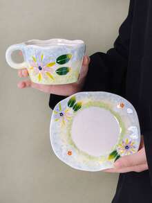 Bộ tách và đĩa sứ kiểu Ins Style họa tiết hoa tươi tắn, bộ tách và đĩa sứ vẽ hoa chuyển màu thủ công, tách cà phê sứ viền lượn sóng bất đối xứng, bộ tách và đĩa sứ trà chiều nữ tính. - Nhiều màu - Xem 12