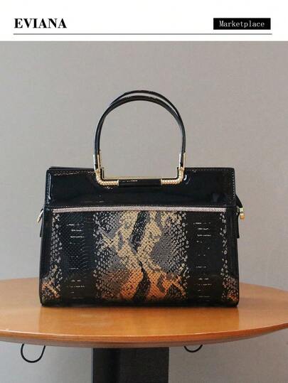 2026春夏新款亮面漆皮高端女士手提包，奢华优雅OL成熟魅力女士托特包，时尚黑金蛇纹大号包，百搭优雅单肩斜挎包，高品质礼品