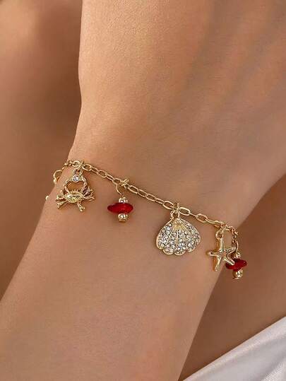 1件波西米亚风鱼形吊坠，海星贝壳装饰手链，女士甜美日常佩戴