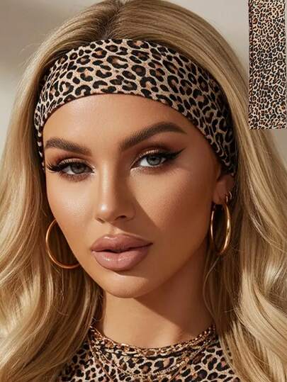女士豹纹黑色运动头带（1/2/3条装），吸汗、弹性好、佩戴舒适，适合户外运动、瑜伽、跑步，也是时尚发饰。夏季沙滩发带