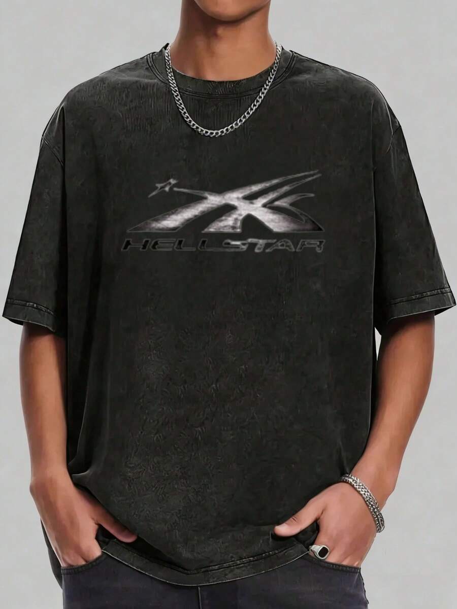 Hellstars X Logo Metallic Washed Print Round Neck Short Sleeve T-Shirt, 230g 100% Cotton T-Shirt, Summer Clothes, Men's Tops, Casual And Comfortable, Fashionable Graphic Tee, Unisex Style - 黑色 - 查看 1