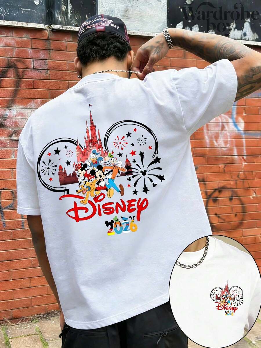 Disney Authorized Printed T-Shirt, White Family Fireworks Printed T-Shirt, Family Vacation Travel T-Shirt. The New T-Shirt For 2026 Is Suitable For Both Men And Women, Made Of High-Quality Pure Cotton Fabric And Suitable For Wearing All Seasons. It Is Comfortable And Breathable, With Exquisite Design, Making It A Great Gift - 白色 - 查看 1