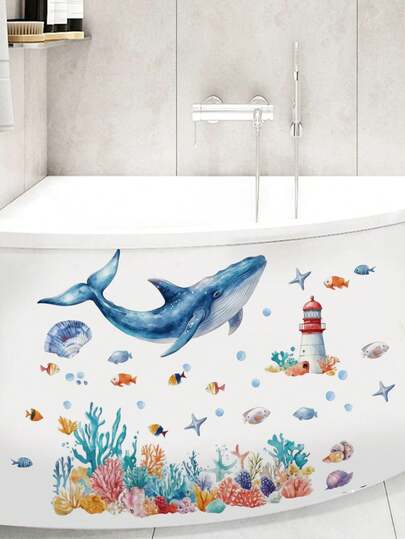 1 miếng, kích thước 30*60cm/30*90cm, decal dán tường PVC có thể tháo rời, chủ đề thế giới dưới nước, đàn cá, san hô, cá mập, rùa biển, cá voi, rong biển, sứa, sao biển và các loài động vật biển khác, thích hợp trang trí phòng ngủ, phòng tắm, bồn tắm.