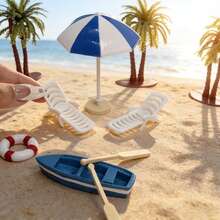 Miniature Umbrella Palm Tree Beach Resort Decor Set | Delicate Summer Beach Theme Accessory Set | Suitable For Doll House DIY Scene Building, Model Scenery, Desktop Micro Landscape Decor And Creative Photography Props - one-size - View 2