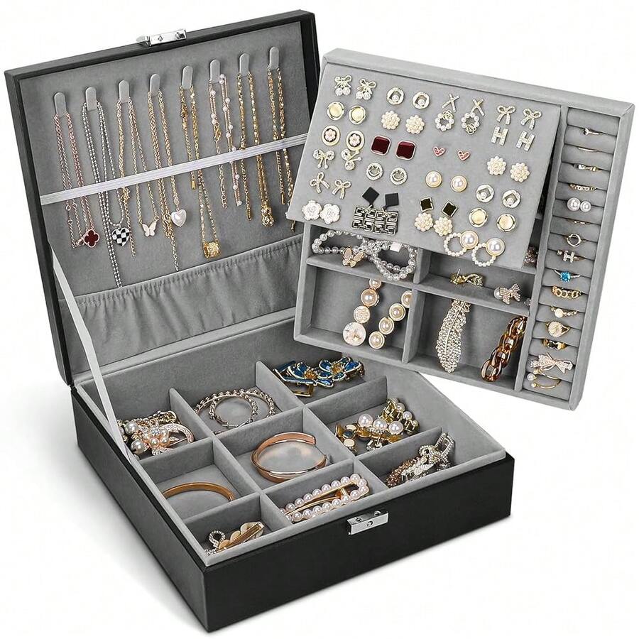 Jewelry Box, Jewelry Boxes For Women & Men With PU Leather, 2 Layer Large Jewelry Organizer Storage Case With Lock, For Necklace Bracelets Earrings Rings, Jewelry Organizer Box Ideal Gift, Black - 黑色,灰色 - 查看 1