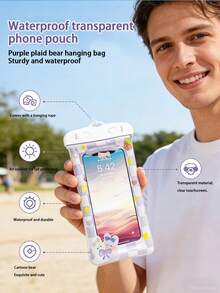 Cartoon Waterproof Phone Pouch, Inflatable PVC Material Phone Bag Suitable For Beach Use, Design For Delivery Riders, With Touch Screen Interface, Applicable For Swimming, Surfing, Rainy Travel, Beach, Cruise, Skiing And Other Water Activities, Can Protect Phones Under 7 Inches - Multicolor - View 4