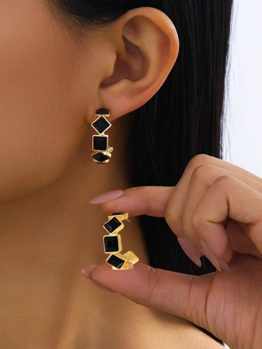 1 Pair Luxurious Fashion Exaggerated Creative Metal Frame C-Shape Rhinestone Embellished Earrings, Suitable For Women's Evening Gala, Cocktail Party, Vacation Wear, Holiday Gift - C-shaped Earrings - View 1