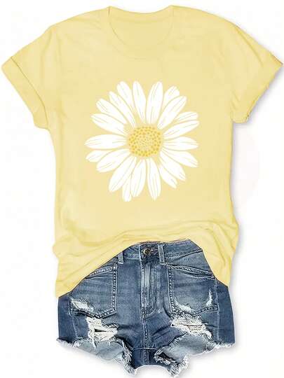 Daisy Flower Print Women's Summer Fitted Round Neck T-Shirt - Casual Retro Style, Unisex, Comfortable Cotton Short Sleeve Crew Neck T-Shirt ,2026 New Summer Collection, Holiday Gift, Mother's Day Gift. Loose And Comfortable Summer Tops Tops For Women Ropa Colorful Tops
