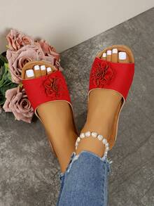 Sandalias de plataforma con diseño de flor hueca, sexy y de estilo bohemio casual para la playa y resort, con sólidos decorativos y cuña gruesa con punta abierta para mujer - Rojo - Ver 2