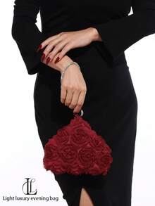 Elegant Luxury 3D Floral Pattern Evening Clutch, Rose Flower Handbag, Paired With High-End Diamond Bracelet Handbag, Suitable For Parties, Weddings, Galas, Celebrations, Valentine's Day, Women's Gifts, Formal Attire Matching, Formal Occasions, Lace - Burgundy - View 2