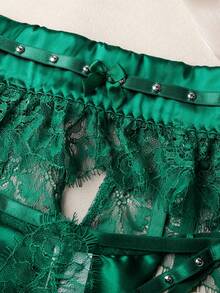 Conjunto de lencería de 3 piezas para mujer, con lencería retro sexy de encaje verde oscuro, decorado con remaches, que incluye liguero y tanga - Verde Oscuro - Ver 8