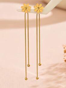 1 Pair Unique Design 304 Stainless Steel Small Daisy Flower Tassel Long Earrings For Women - Gold - View 2
