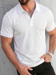 Camisa polo masculina casual de cor sólida com botões, versátil para negócios e atividades ao ar livre, ideal para o verão. - Branco - Ver 1