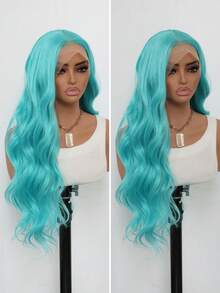 薄荷蓝合成蕾丝前假发，柔顺波浪卷，时尚女款；13x4高清薄荷绿蕾丝前假发，预修剪发际线，24英寸 - 淺藍色 - 查看 5