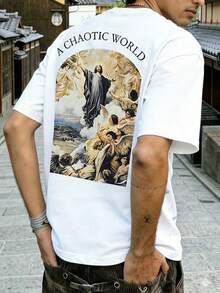 FRACTYR 男士夏季休闲街头时尚宽松复古圣天使壁画双面印花圆领短袖T恤 - 白色 - 查看 2