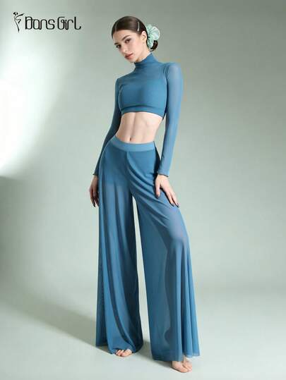 DonsGirl Women's Turtleneck Crop Top & Ultra-Soft Elastic Mesh Wide Leg Pants Set- Versatile Elegant Blue Outfit For Aerial Yoga, Contemporary/Classical Ballet Dance Performance Costume Spring