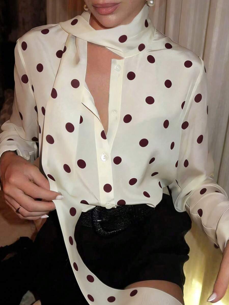 女款優雅波點領結長袖襯衫,標準版型,聚酯纖維面料,百搭通勤購物,適合春夏秋度假返校 - 杏色 - 查看 1